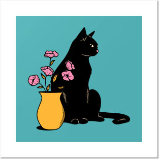 Playful Black Cat in blue Posters and Art